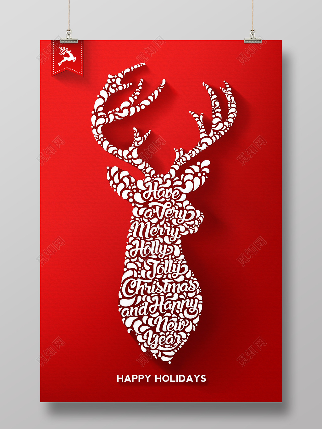 喜庆红色梅花鹿新年圣诞节圣诞促销海报