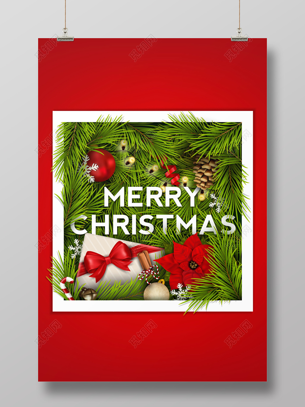 喜庆红色立体窗户圣诞节圣诞促销海报