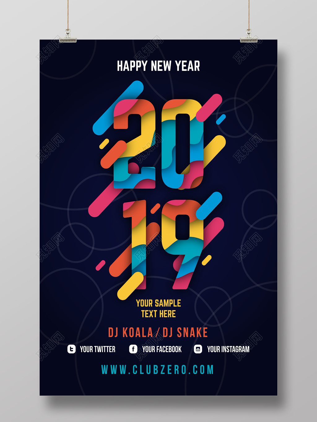 元旦彩色创意2019猪年新年过年海报