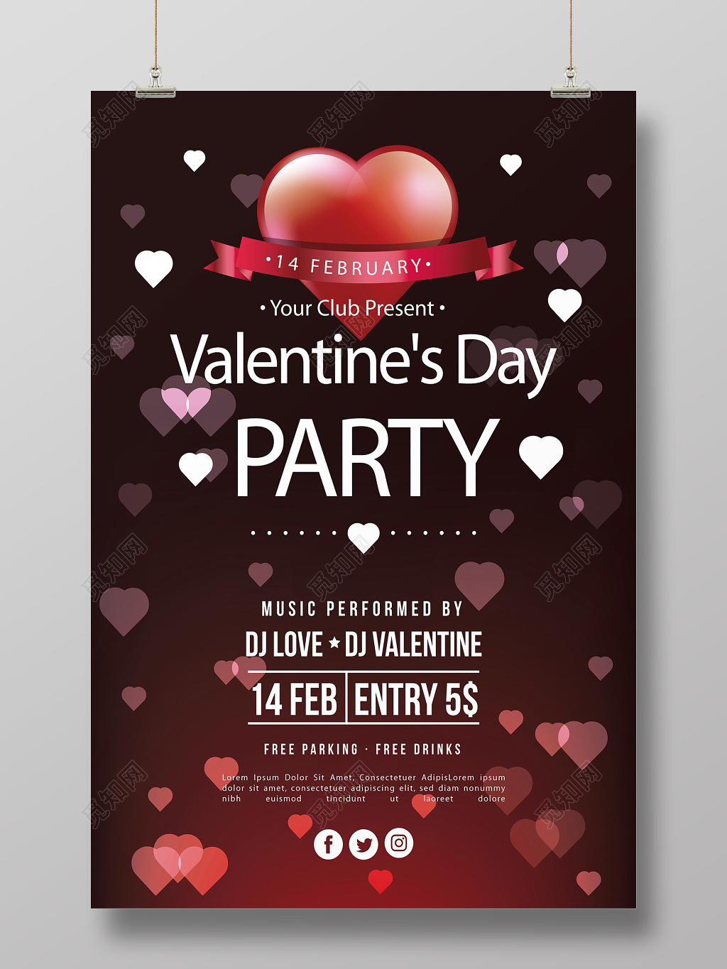 红色爱心简约浪漫情人节时尚促销海报