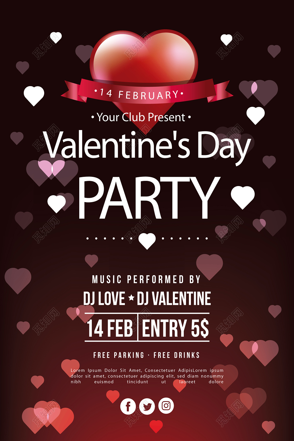 红色爱心简约浪漫情人节时尚促销海报