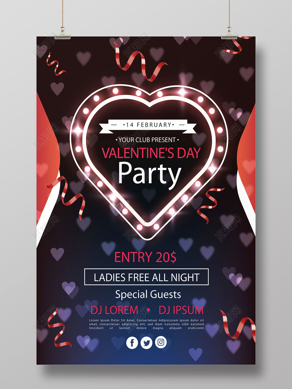 时尚简约闪光波点爱心情人节促销海报