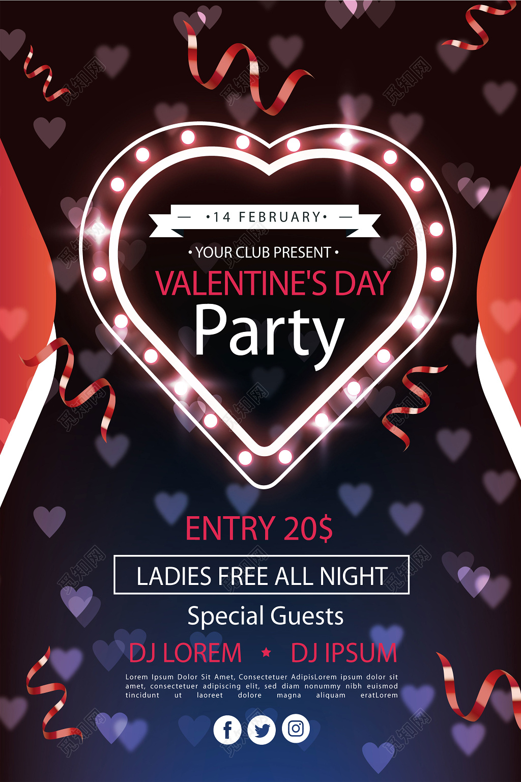 时尚简约闪光波点爱心情人节促销海报