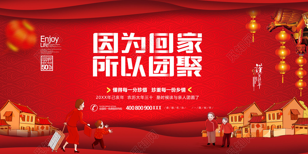 新年春运过年红色卡通回家团聚春节促销海报