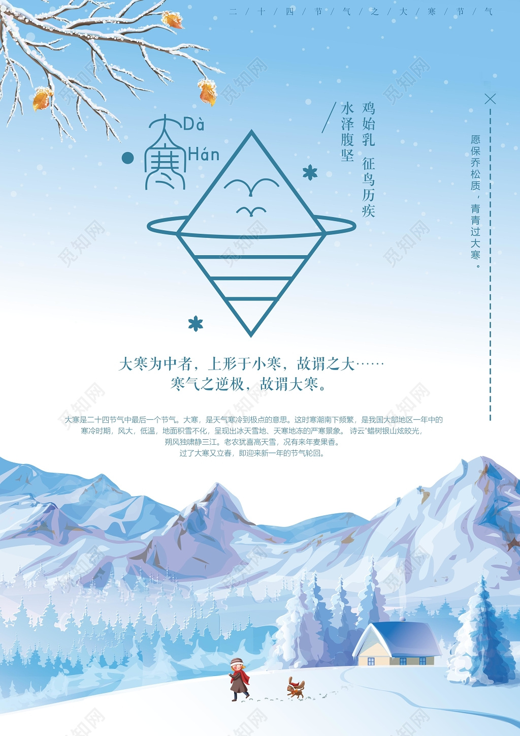 蓝色简单冬季大寒二十四节气宣传海报设计