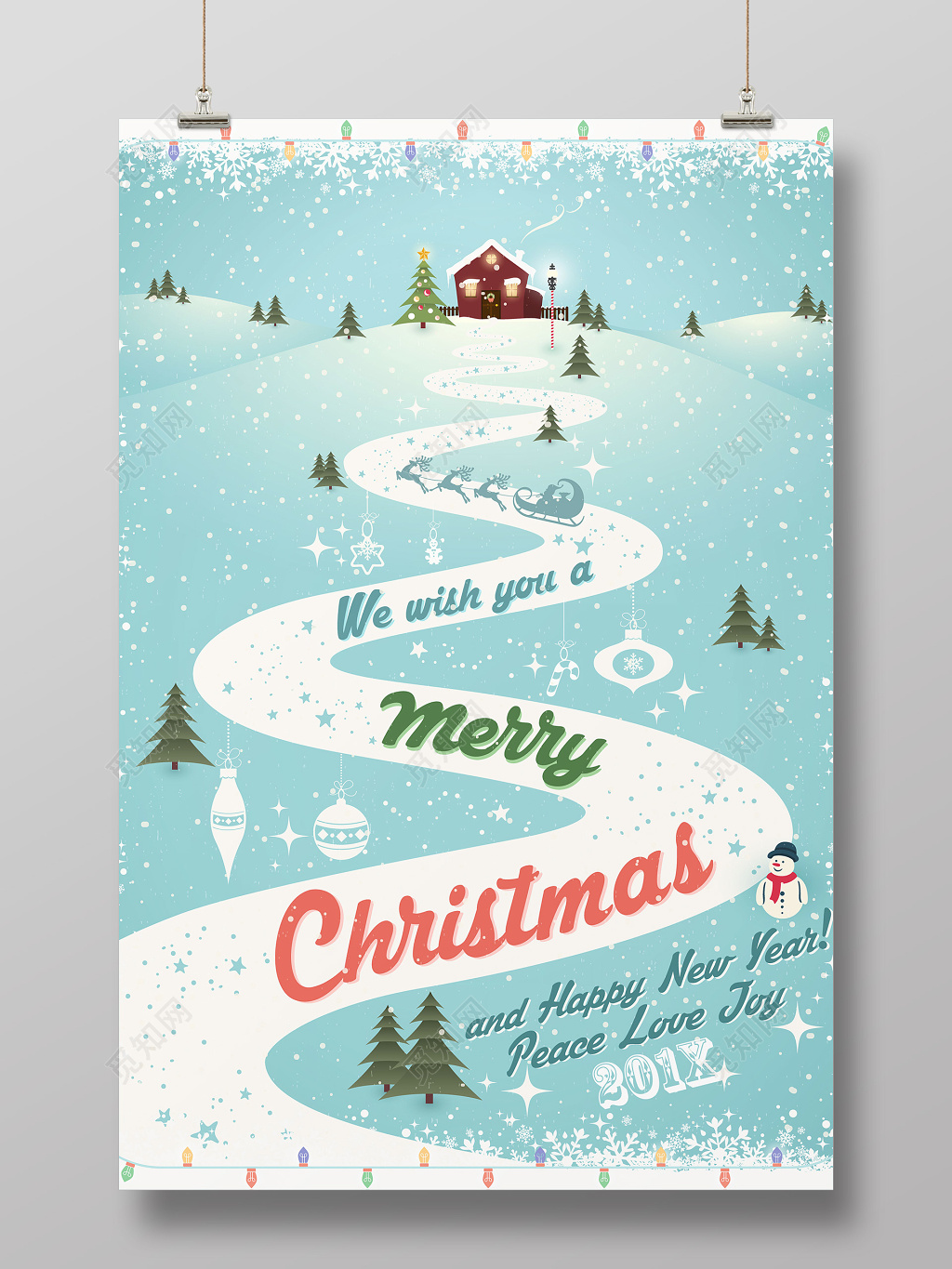简约创意小路雪地平安夜圣诞节促销海报