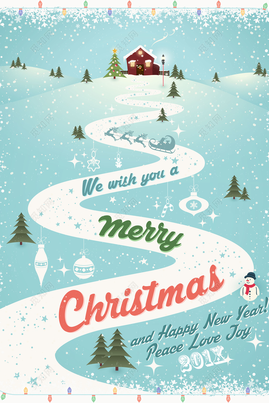 简约创意小路雪地平安夜圣诞节促销海报