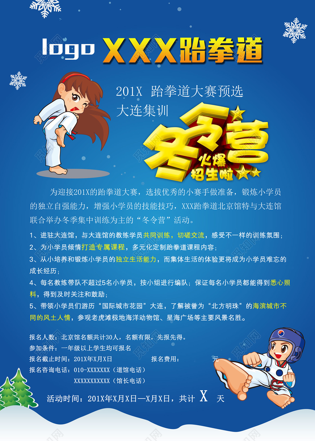 冬令营寒假跆拳道招生宣传卡通海报