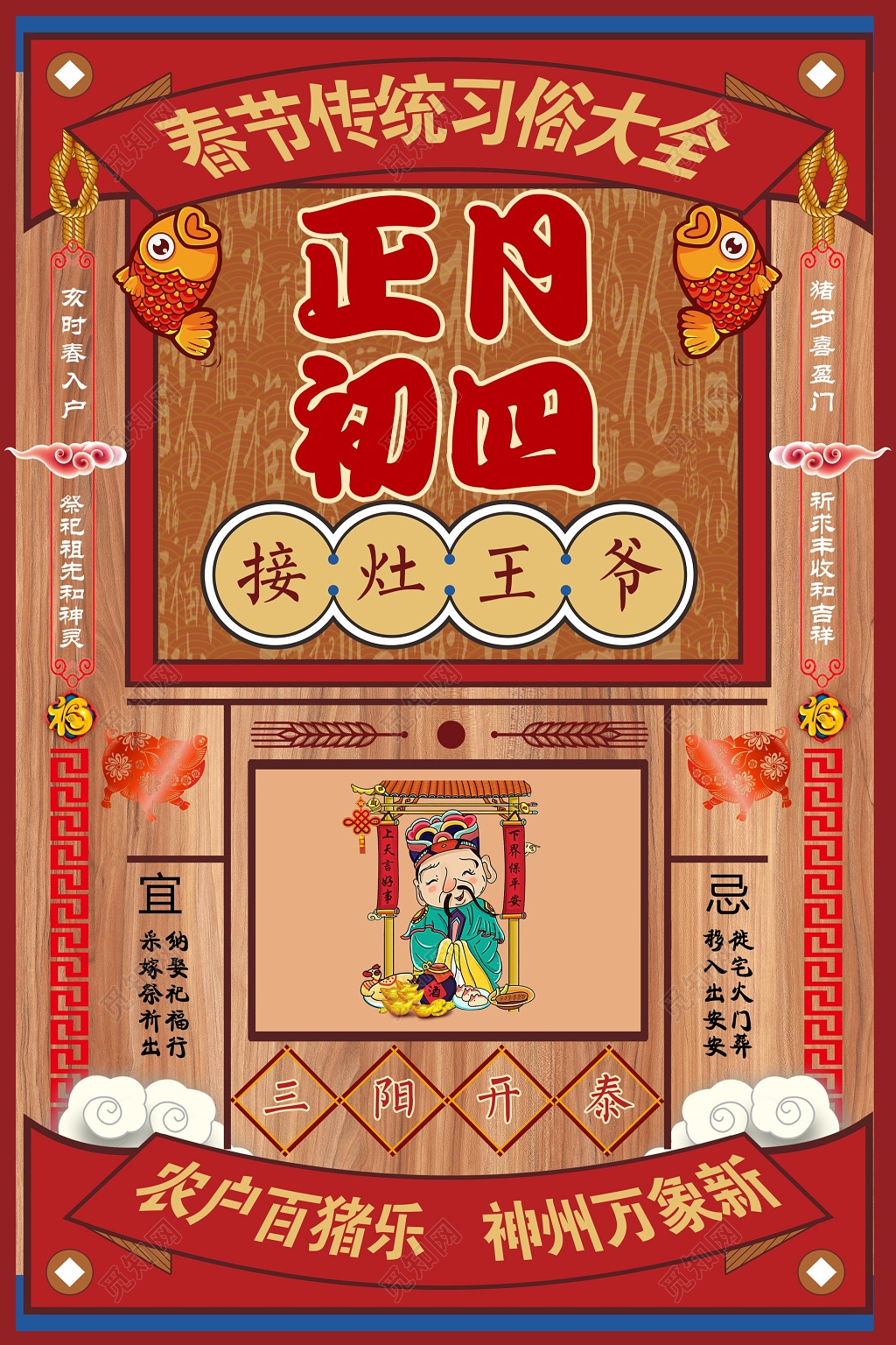 春节习俗过年新年猪年习俗正月初四接灶王爷插画海报