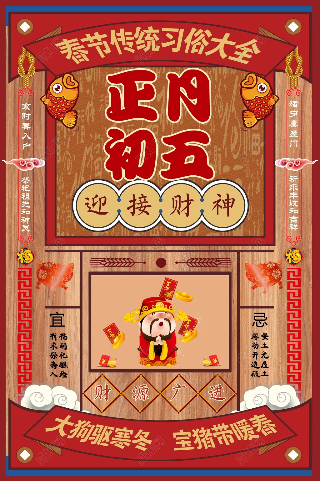 春节习俗过年新年猪年正月初五迎财神插画海报