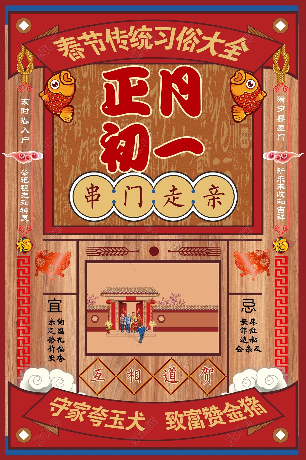 春节习俗新年猪年过年正月初一串门走亲插画海报