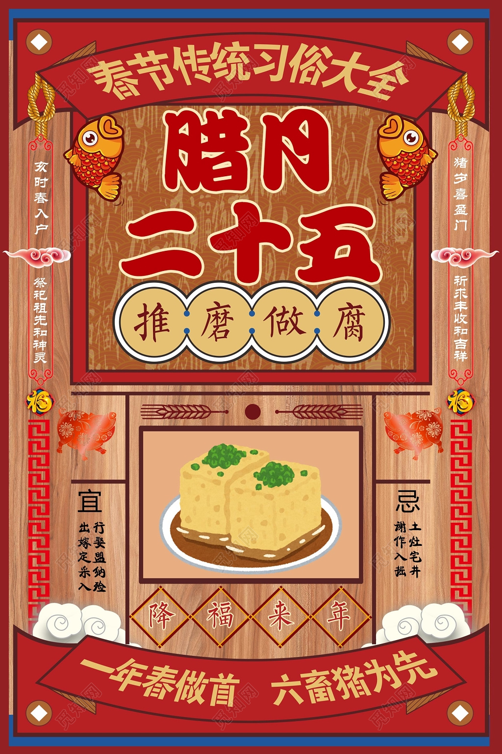 复古春节习俗新年猪年过年腊月二十五推磨做豆腐插画海报