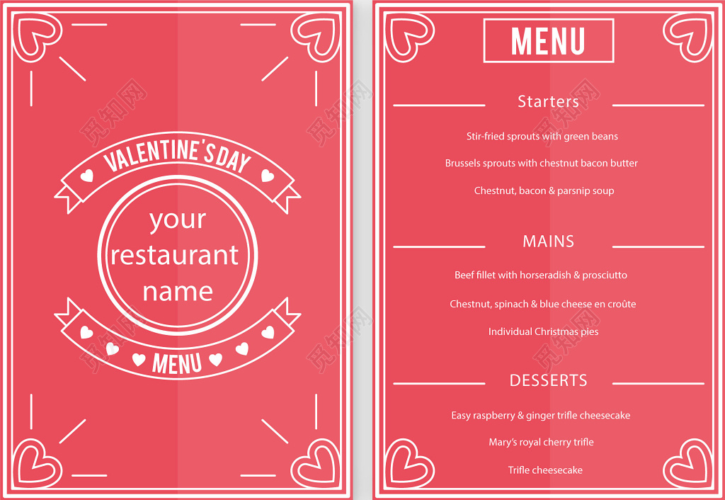 红色情人节美食点心英文菜单