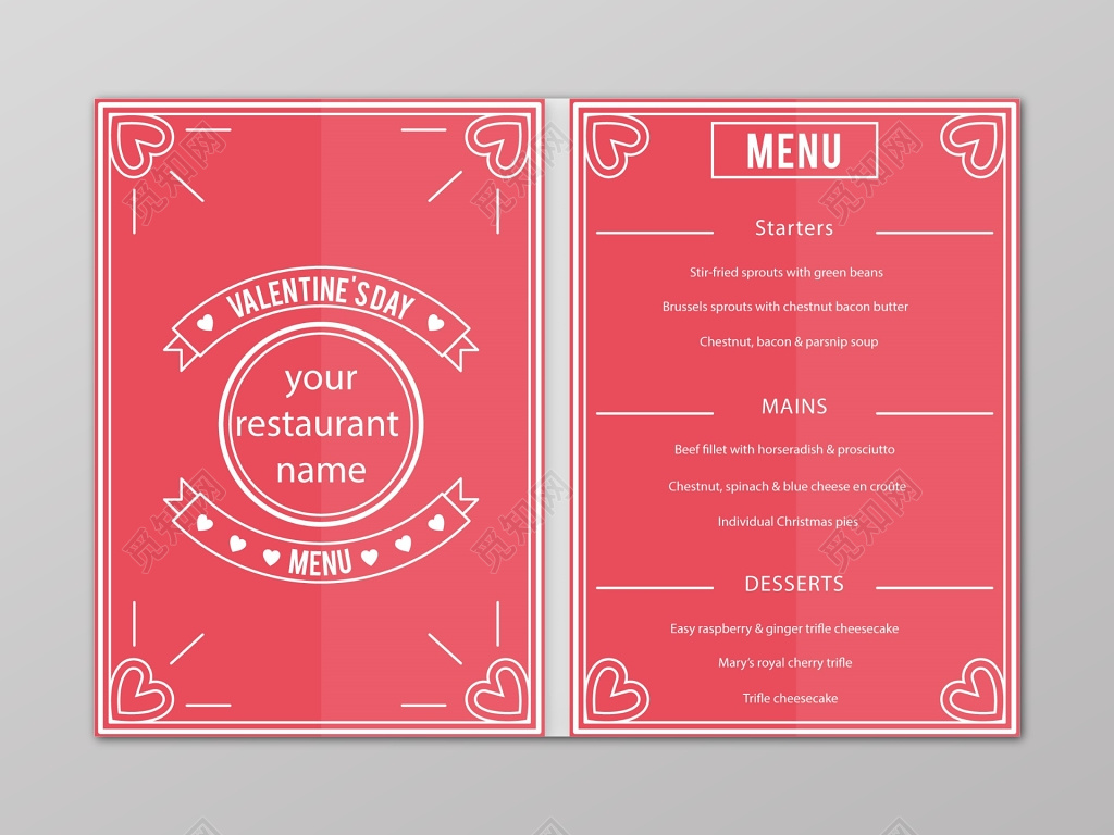 红色情人节美食点心英文菜单