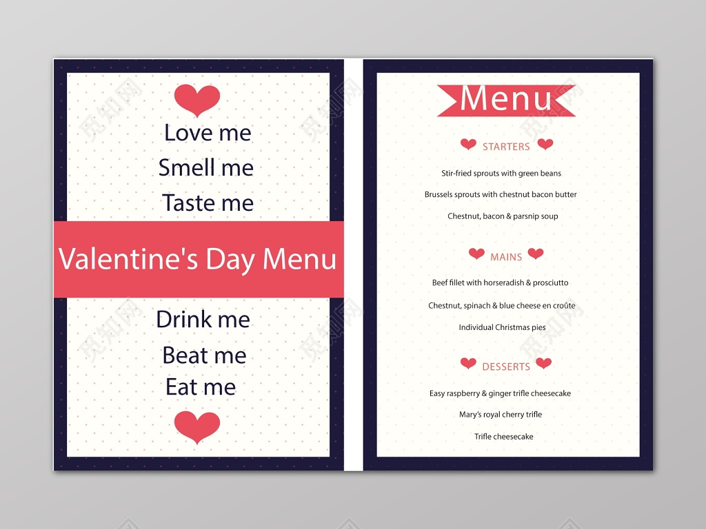 简约情人节食品点心英文菜单