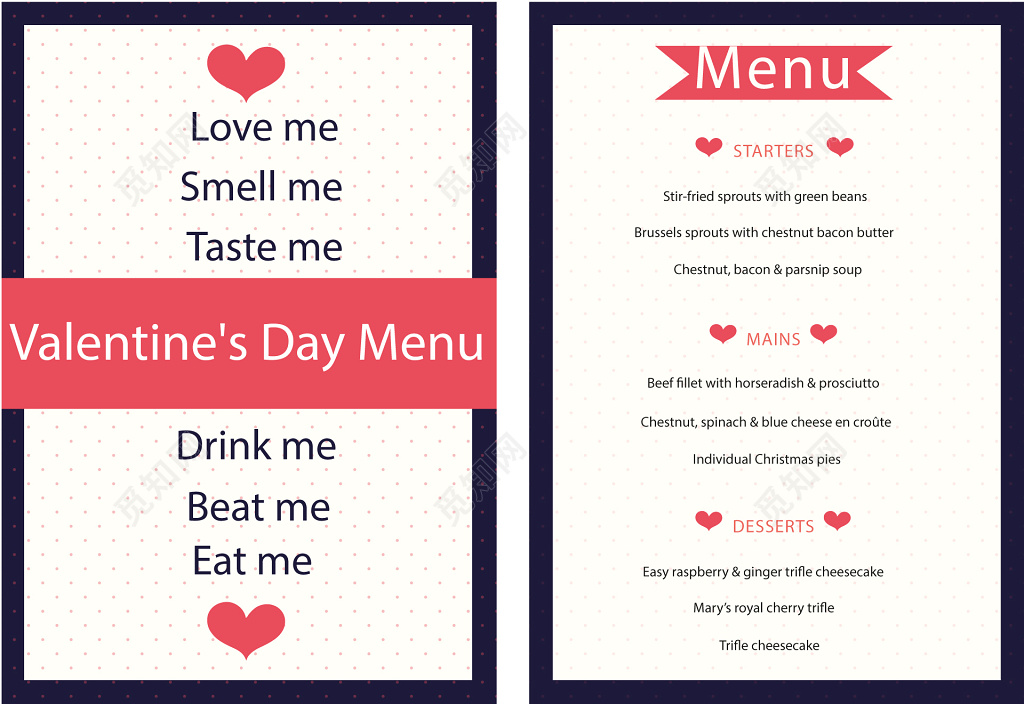 简约情人节食品点心英文菜单