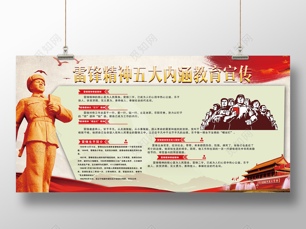 雷锋精神五大内涵教育宣传纪念日展板