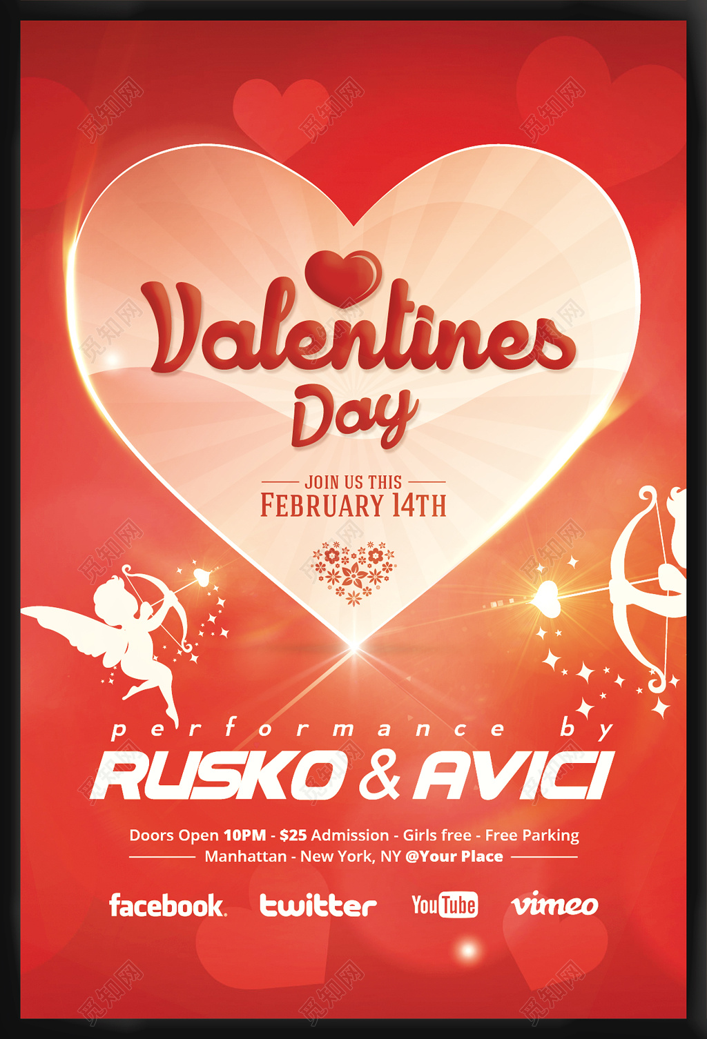 黑框红色爱心情人节214海报
