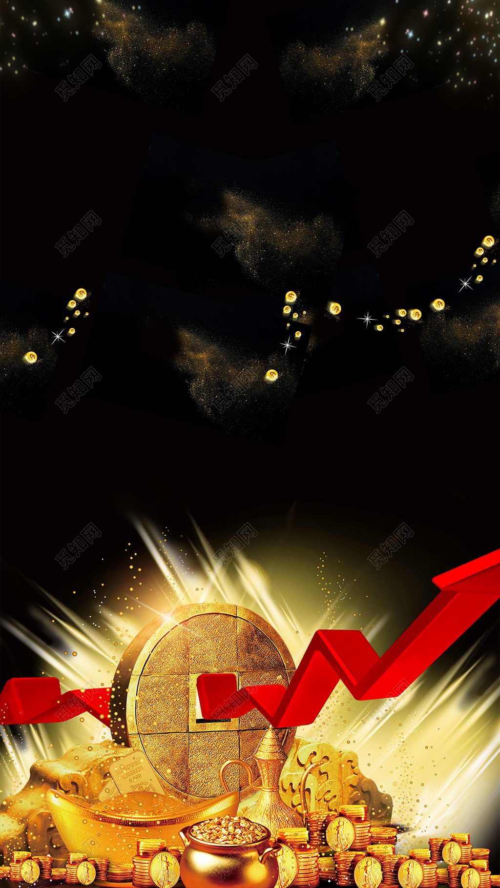 黑色金钱金币招商上升箭头房地产促销介绍海报
