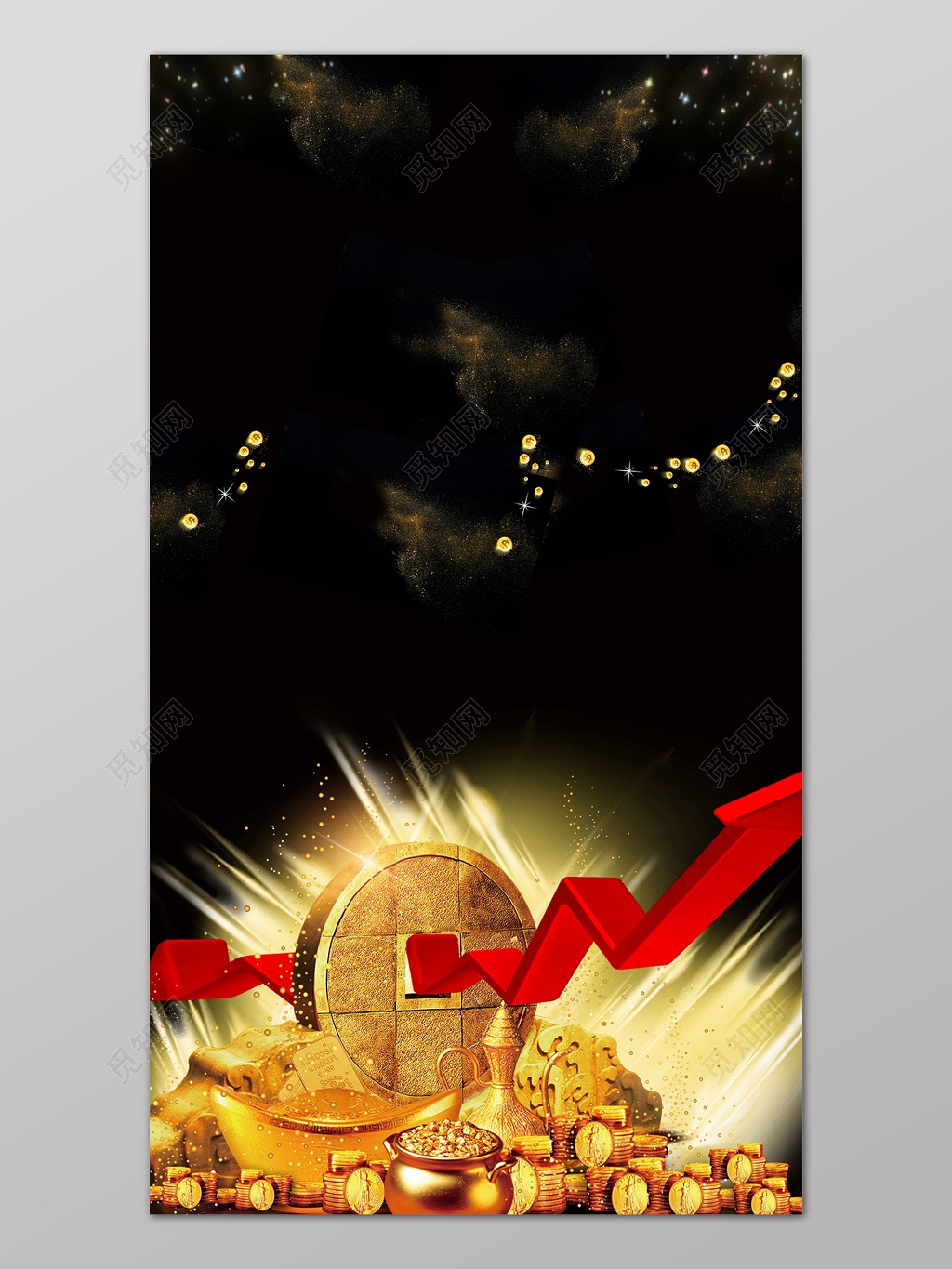 黑色金钱金币招商上升箭头房地产促销介绍海报