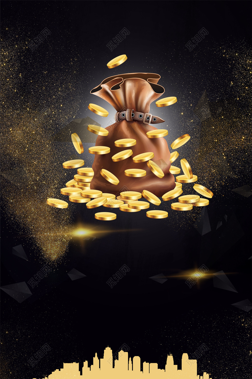 深色金币袋子楼房剪影房地产促销介绍海报