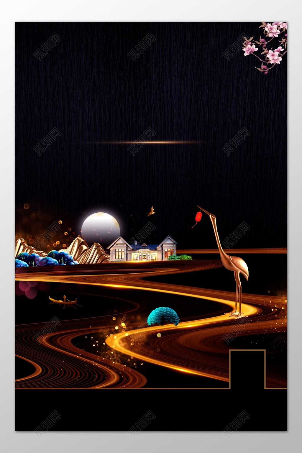 房地产促销介绍黑色仙鹤中国风黑色海报模板