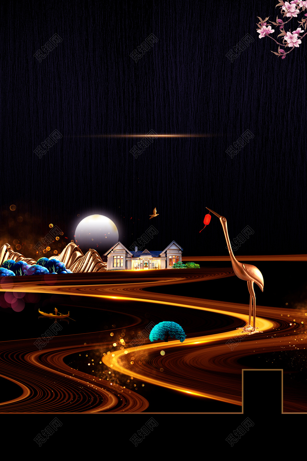 房地产促销介绍黑色仙鹤中国风黑色海报模板