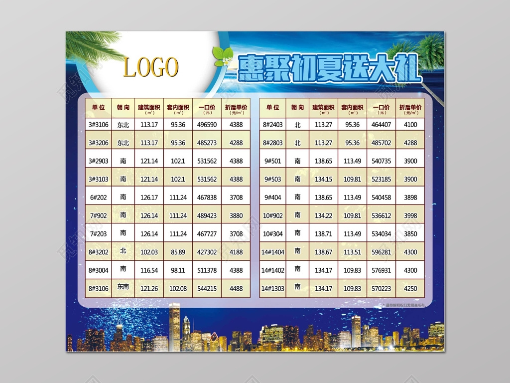 优惠夏天销控表房源表海报