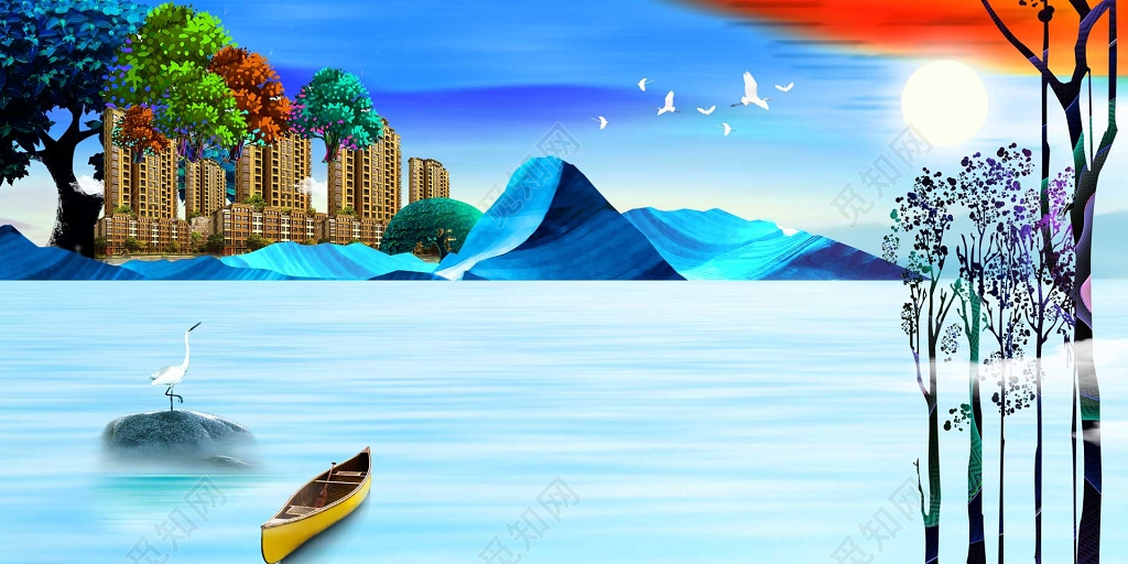 房地产促销介绍卡通海岸海景房自然海报模板