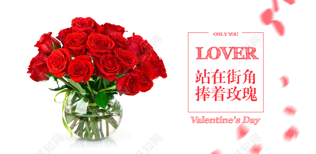 情人节红色红玫瑰花束西方节日海报 