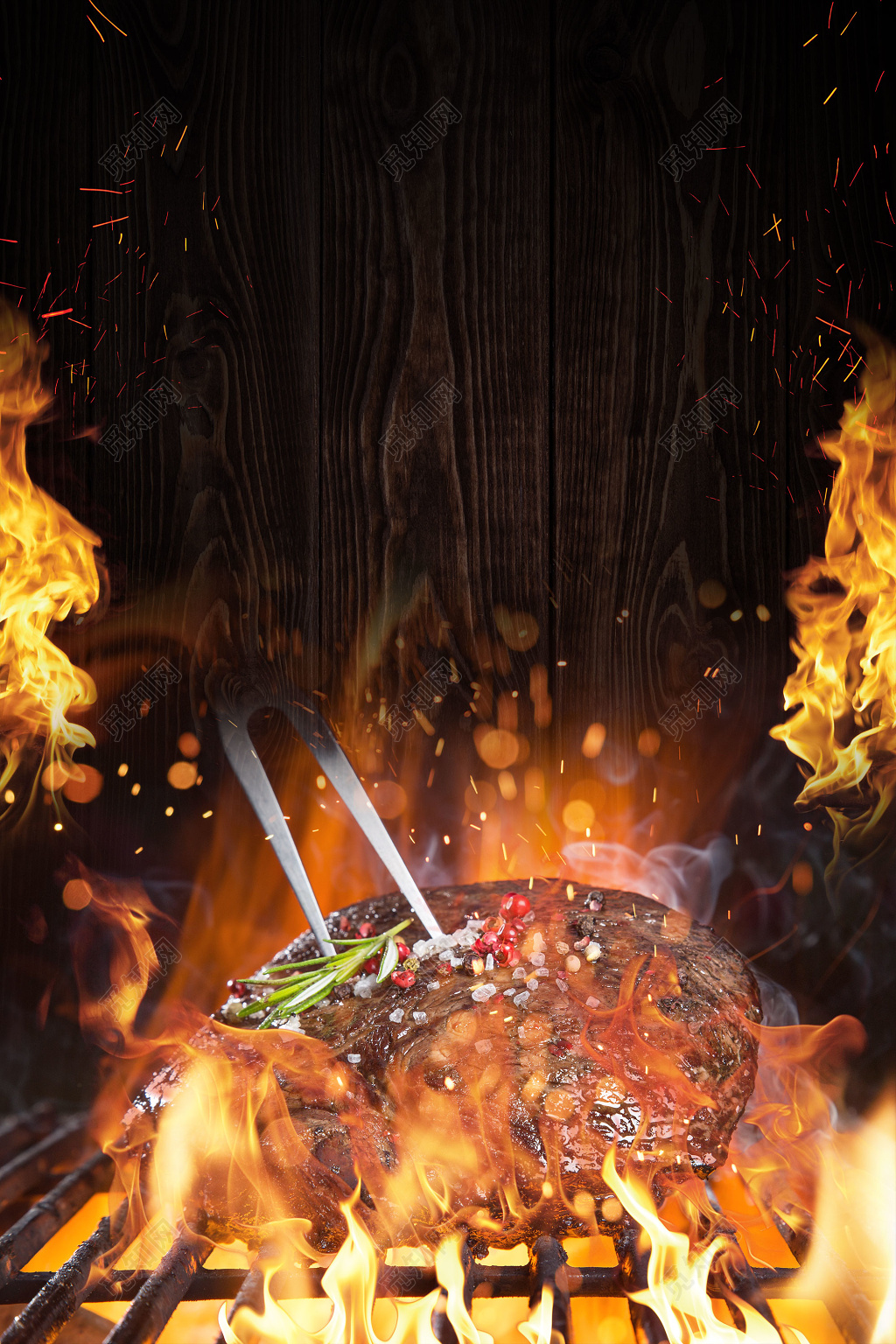 黑色火焰烤肉房地产促销介绍海报