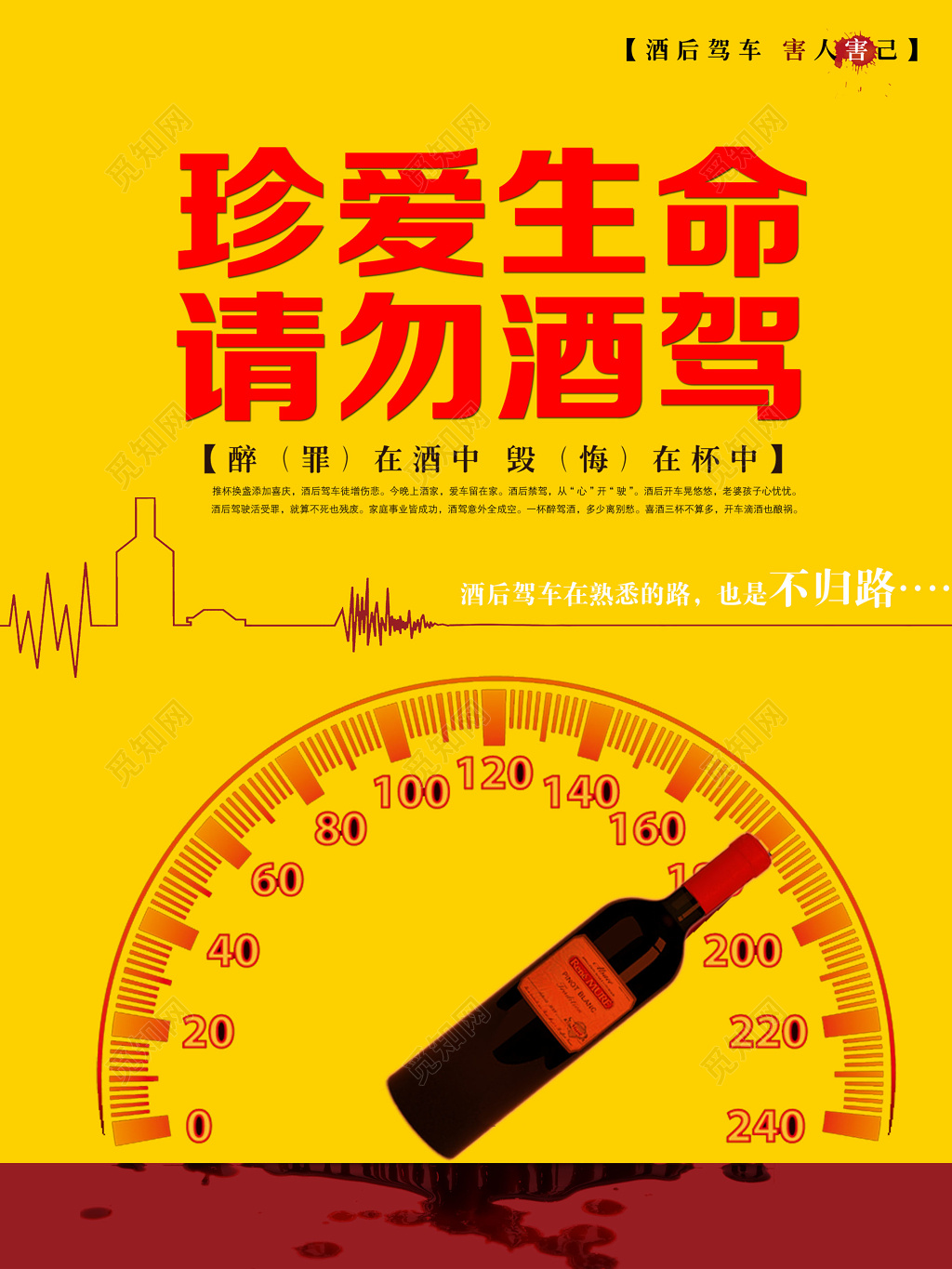 黄色珍爱生命拒绝酒驾不归路安全驾驶行车安全严禁酒驾海报