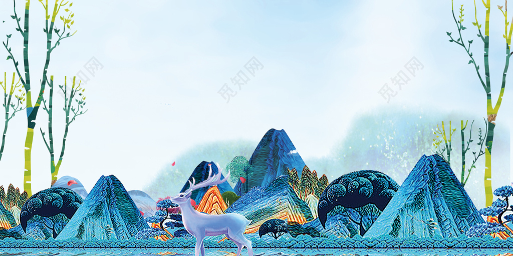 房地产促销介绍蓝色自然静谧油彩山水风光树木鹿海报
