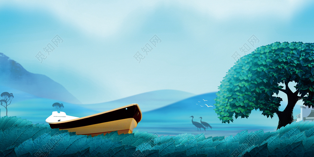 房地产促销介绍蓝色大自然小船山水风光树木植物白鹤海报