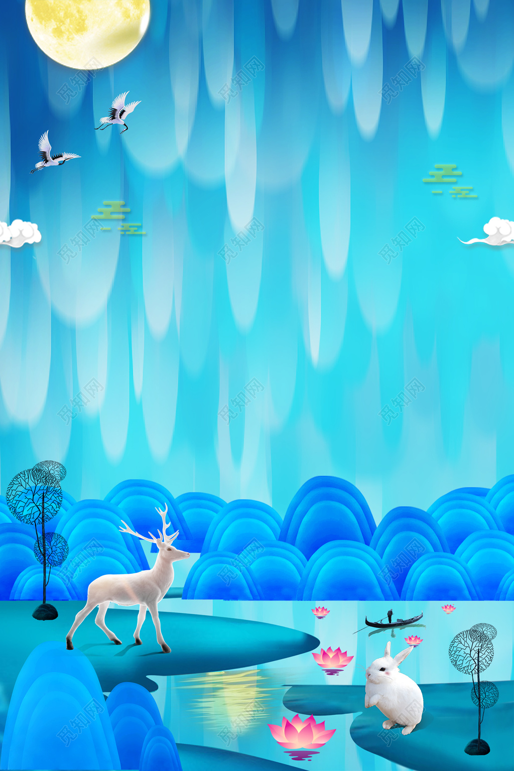 房地产促销介绍蓝色水彩小鹿白兔荷花荷塘大自然海报