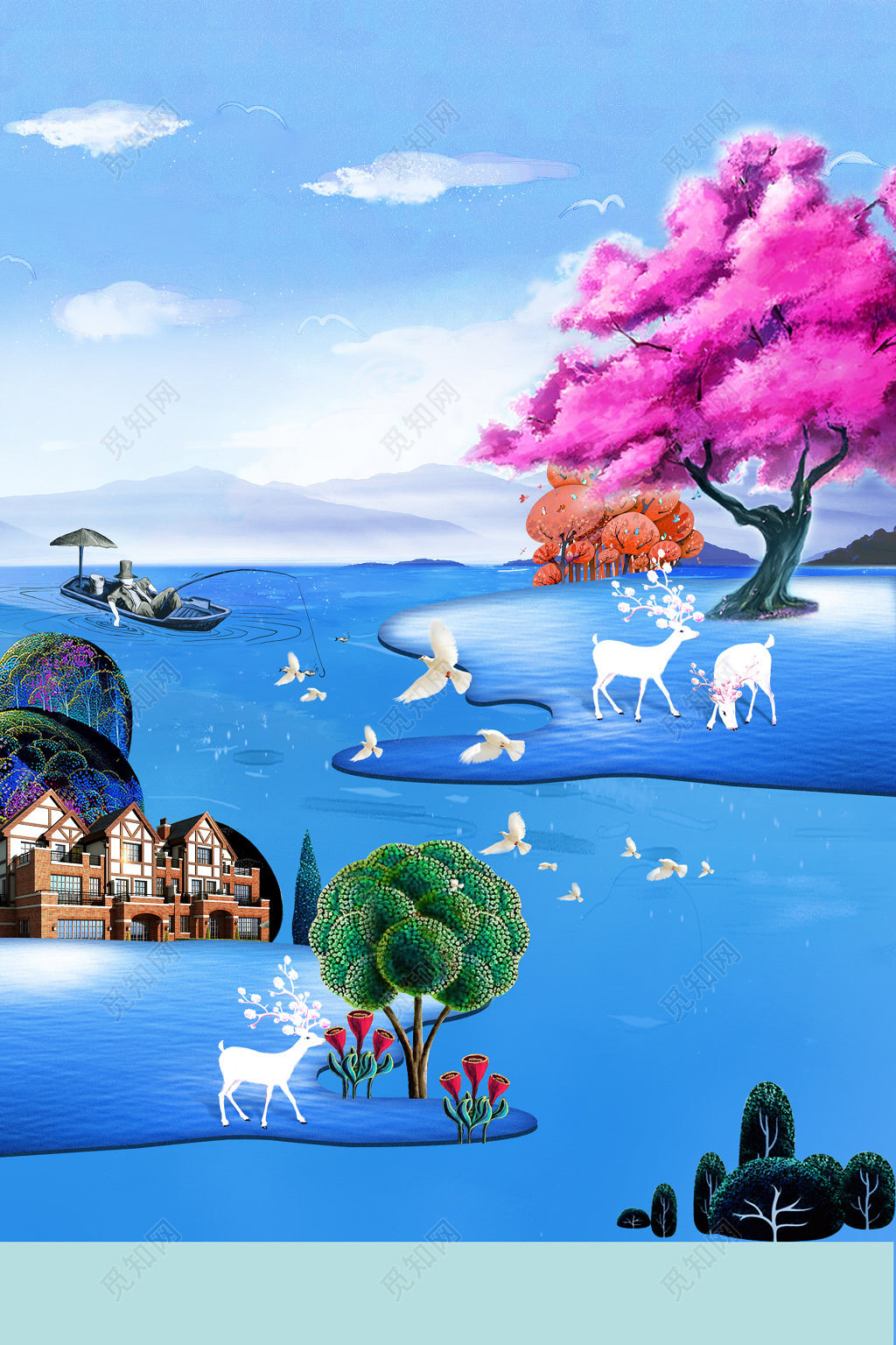 房地产促销介绍蓝色山水风光树木山间别墅小鹿渔船钓鱼大自然海报