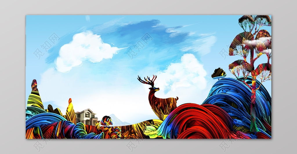 房地产促销介绍油画线条感彩色小鹿山间别墅植物树木海报