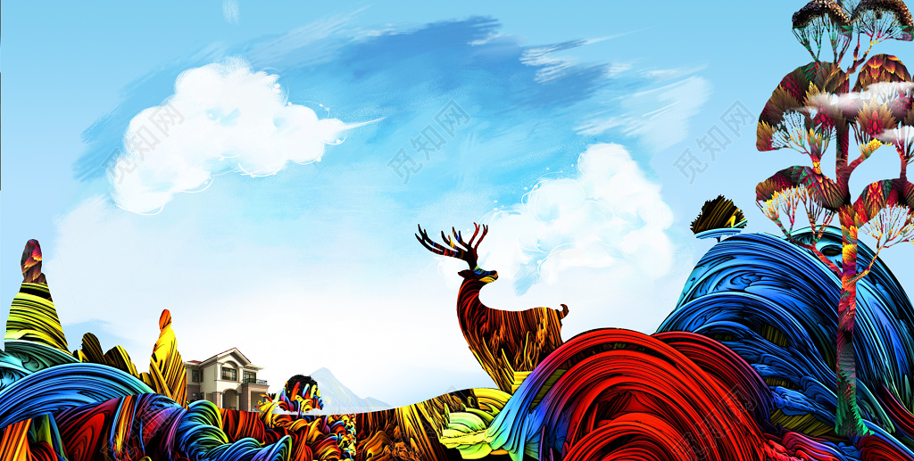 房地产促销介绍油画线条感彩色小鹿山间别墅植物树木海报