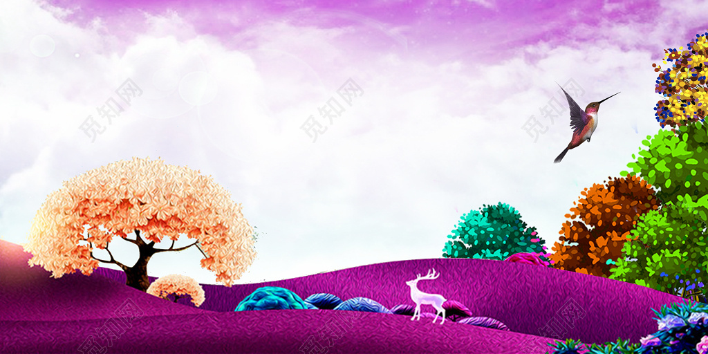 房地产促销介绍紫色梦幻植物树木小鸟大自然海报