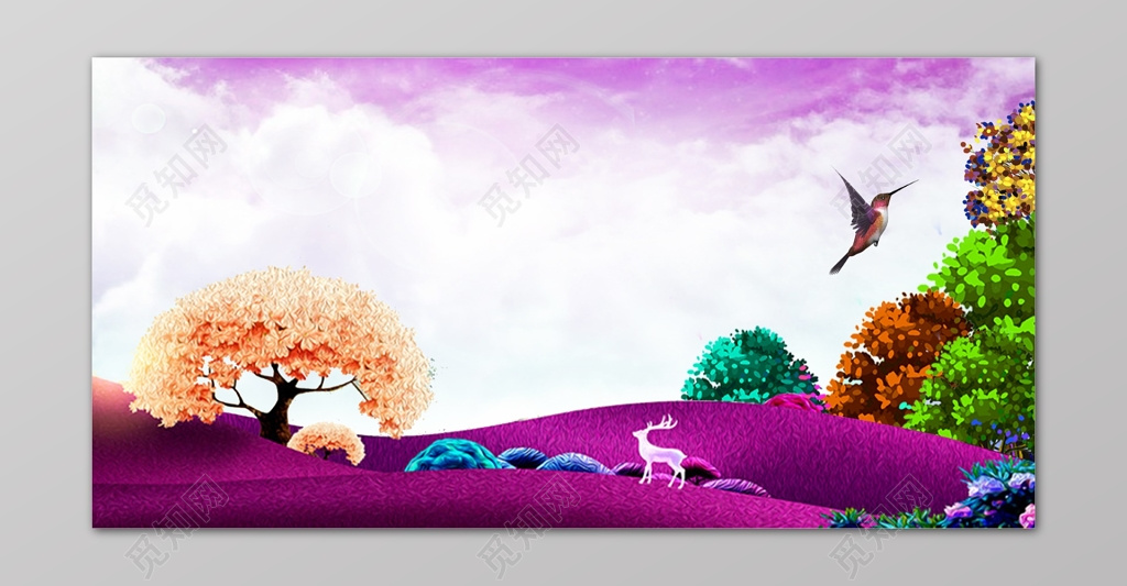 房地产促销介绍紫色梦幻植物树木小鸟大自然海报