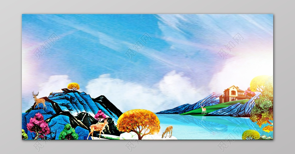 房地产促销介绍蓝色山水风光小鹿植物树木山间别墅海报