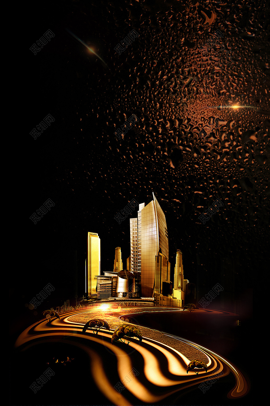 房地产促销介绍黑金华丽气质建筑房屋金沙植物树木海报