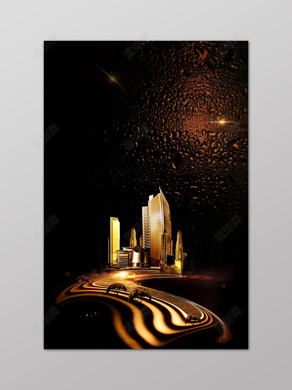 房地产促销介绍黑金华丽气质建筑房屋金沙植物树木海报