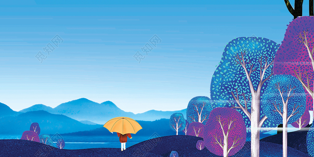 房地产促销介绍蓝色静谧山水风光植物树木女生撑伞背影