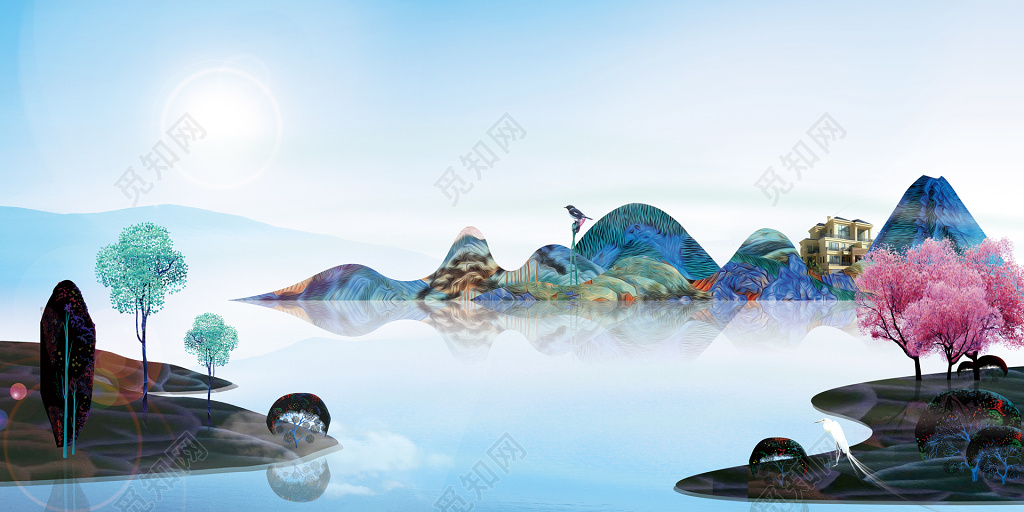 房地产促销介绍蓝色山水风光桃花山间别墅小鸟自然海报