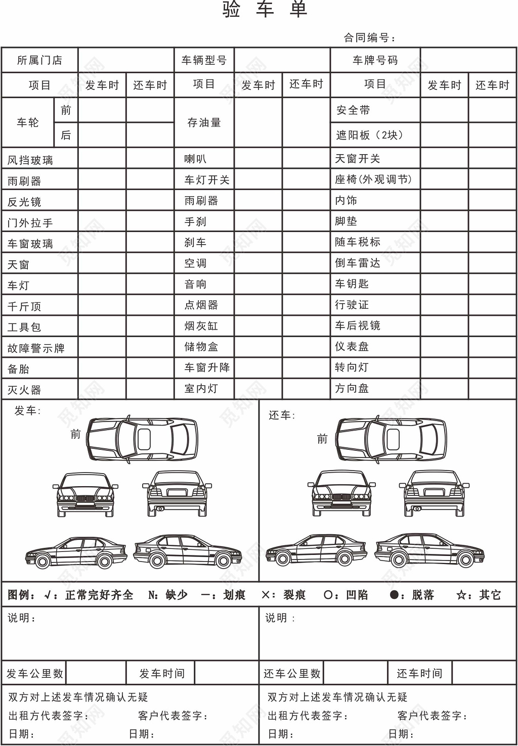 汽车租赁验车单表单设计