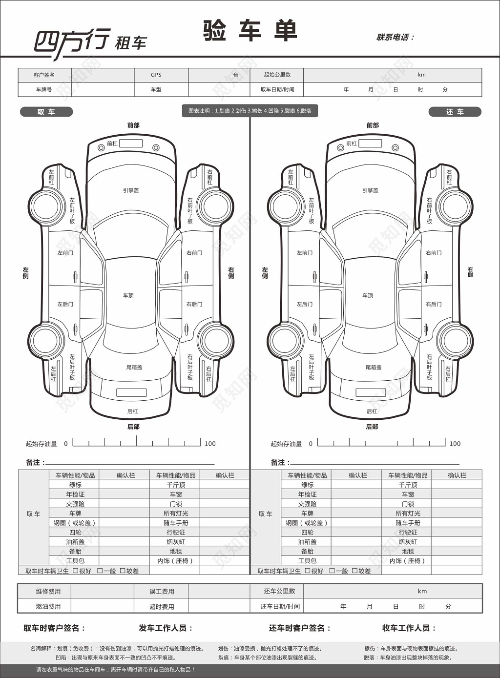  汽车租赁详细验车单表单设计