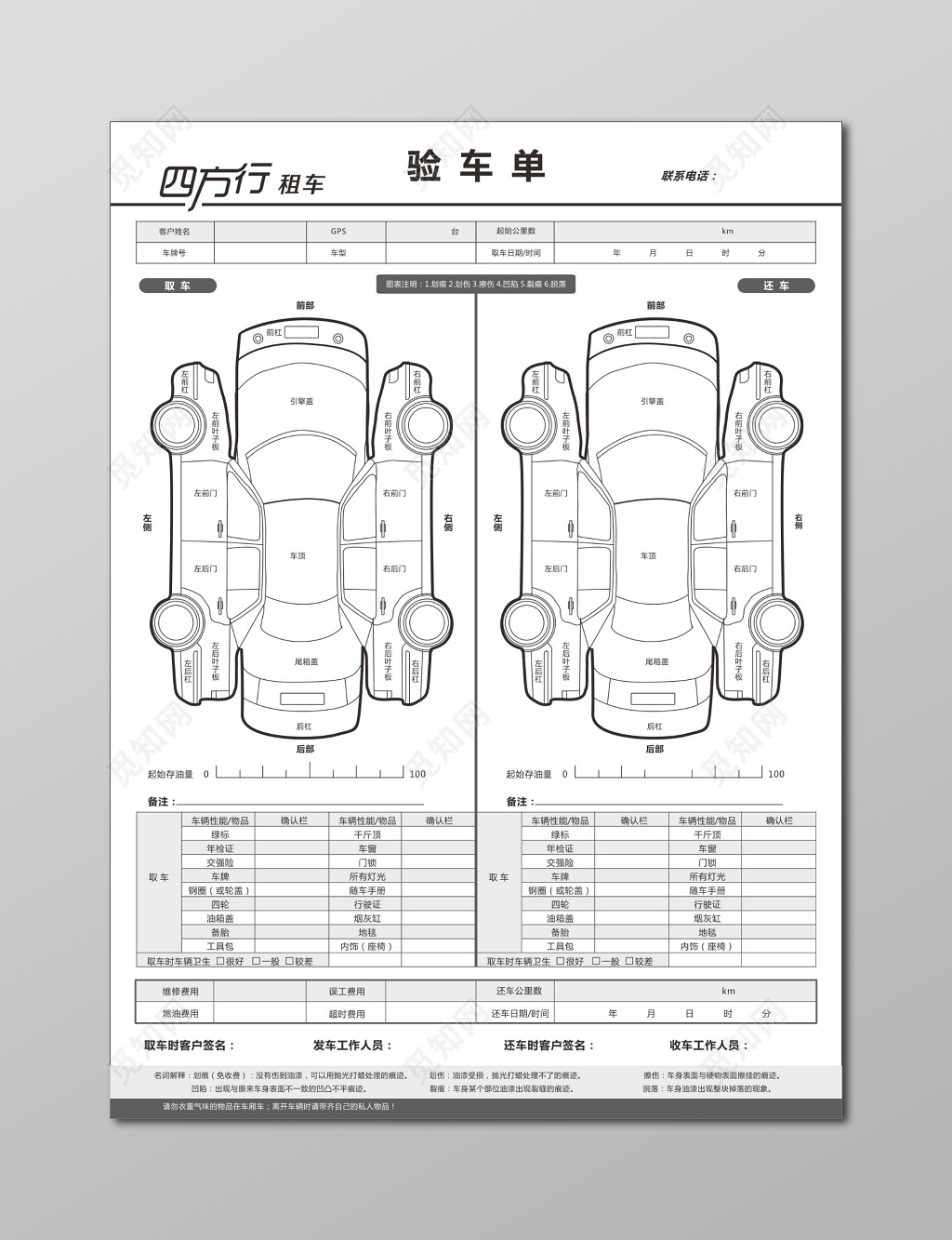  汽车租赁详细验车单表单设计