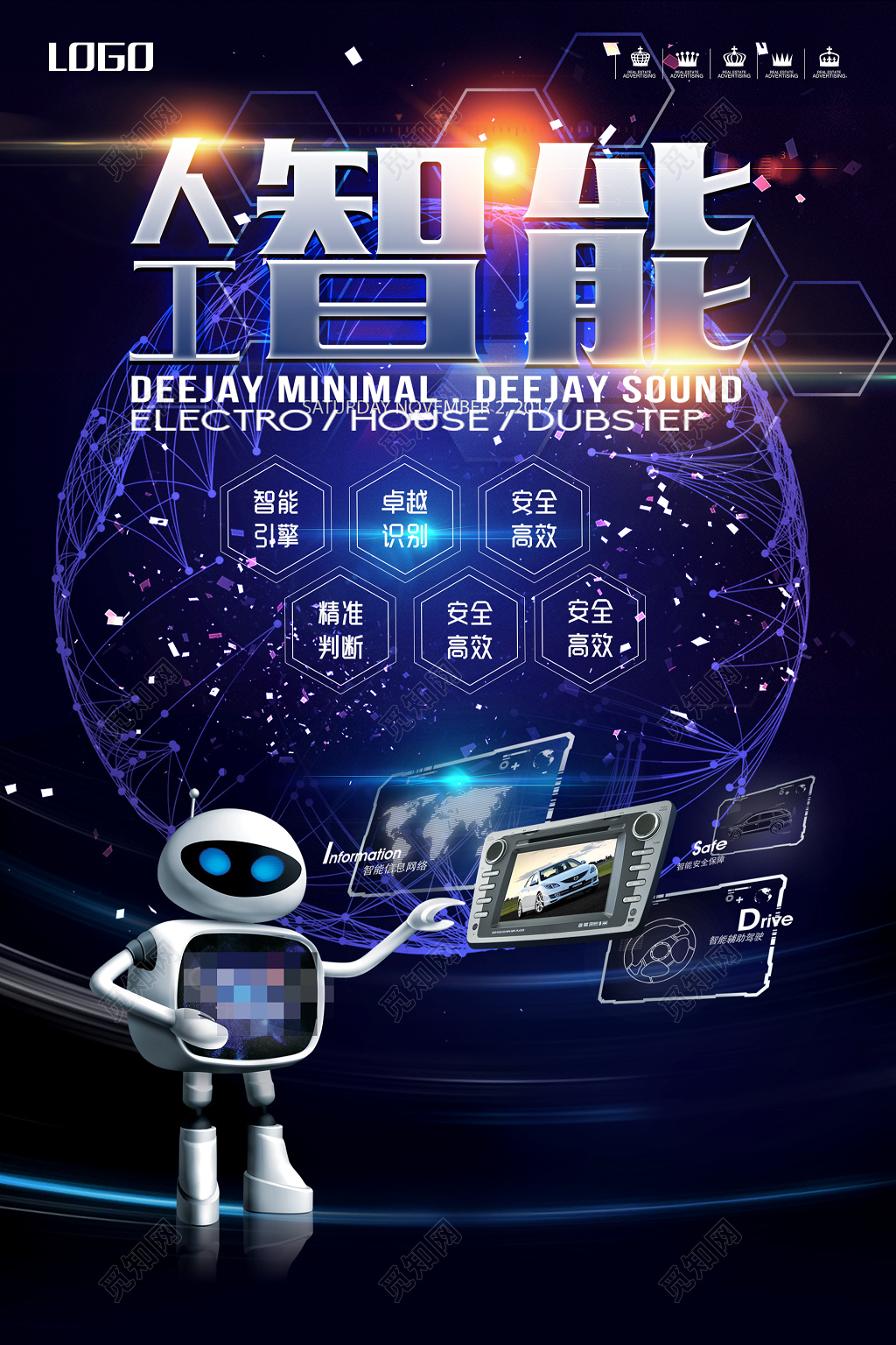 科技人工智能安全高效精准判断蓝色海报模板