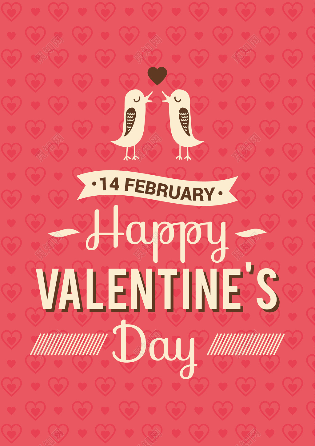 红色手绘亲吻鸟情人节卡片贺卡